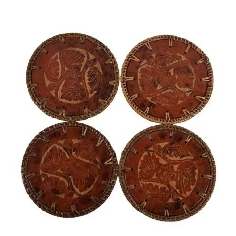 Vintage Pier One Terracotta & Rattan Coasters Set Of 4 MCM Red Stone New w/tags